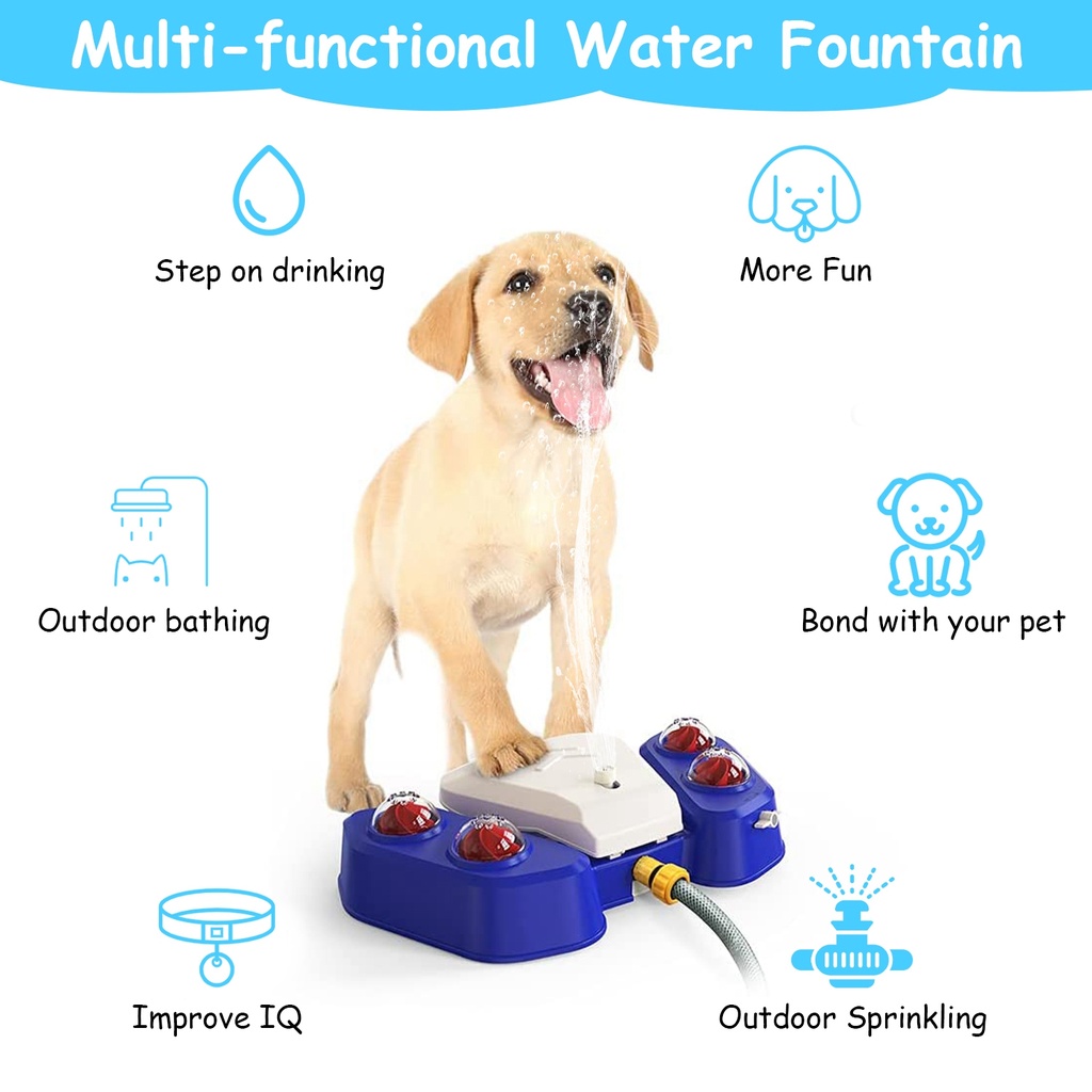Automatic Dog Water Fountain Step-On Sprinkler with 4 Shower Balls, 2 Outlet Sizes & Inlet Connector — Blue or Yellow
