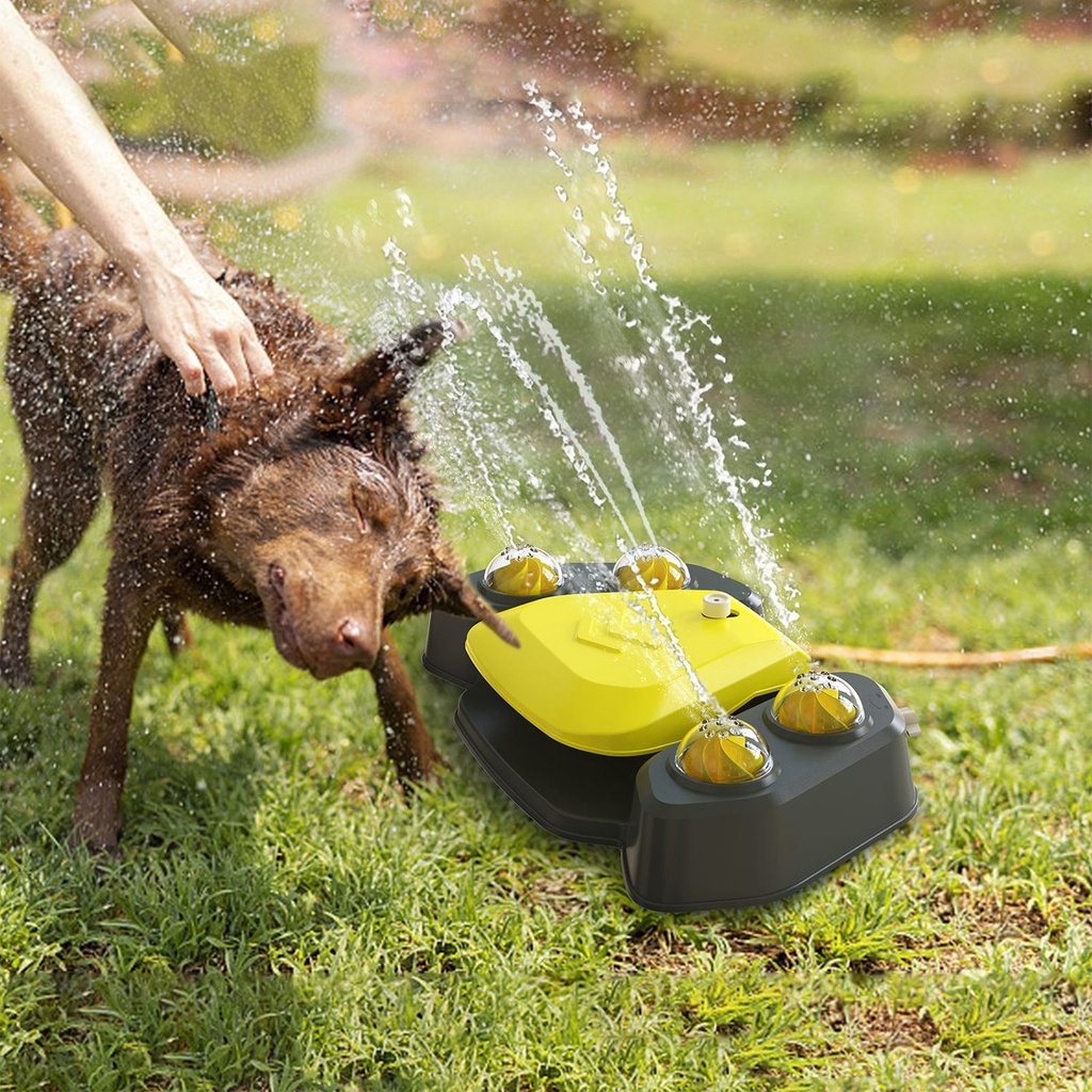 Automatic Dog Water Fountain Step-On Sprinkler with 4 Shower Balls, 2 Outlet Sizes & Inlet Connector — Blue or Yellow