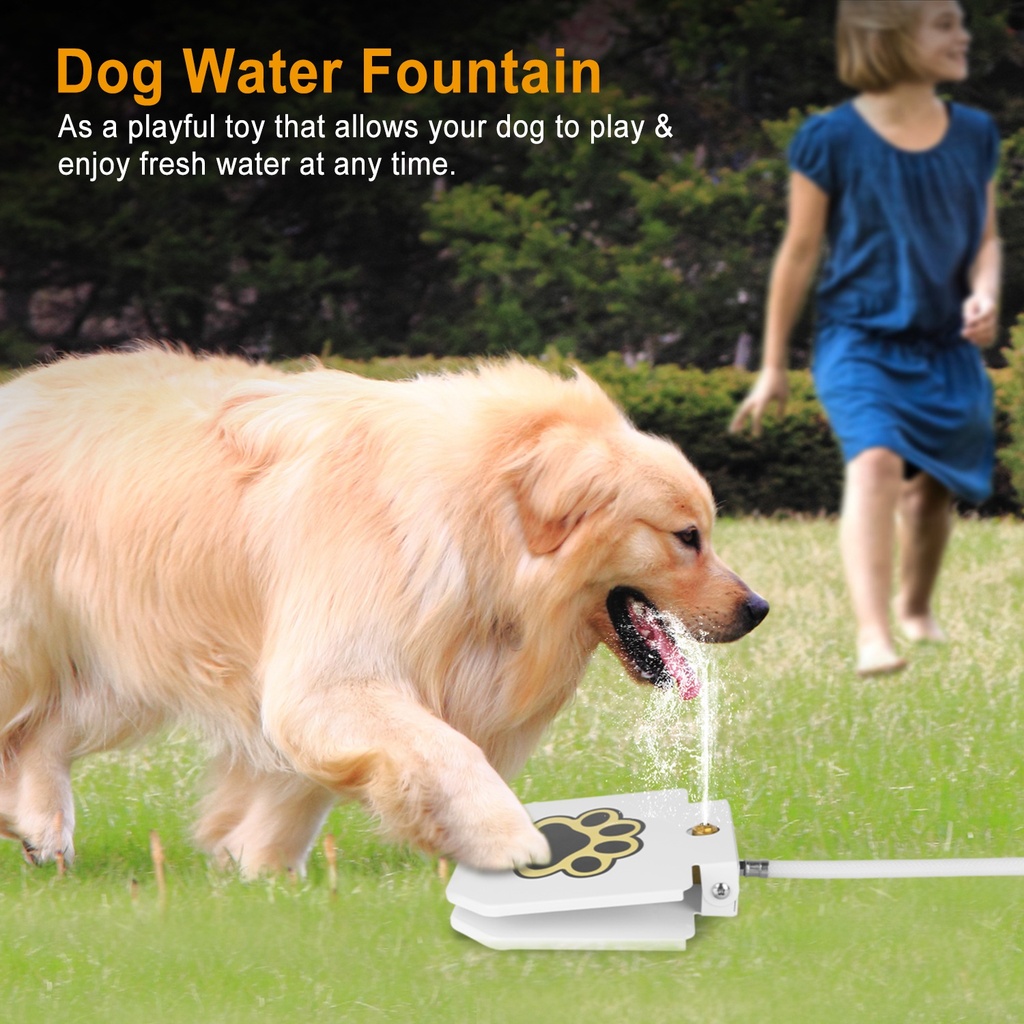 Step-On Outdoor Dog Water Fountain with Paw Pedal, 1m Hose & 2-Way Splitter — Iron + Plastic, White (Medium/Large Dogs)
