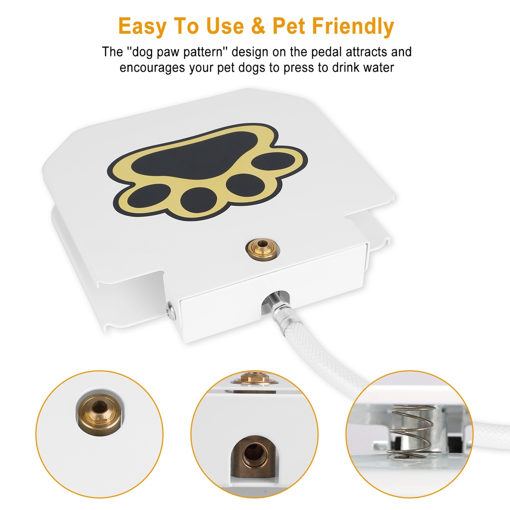 Step-On Outdoor Dog Water Fountain with Paw Pedal, 1m Hose & 2-Way Splitter — Iron + Plastic, White (Medium/Large Dogs)