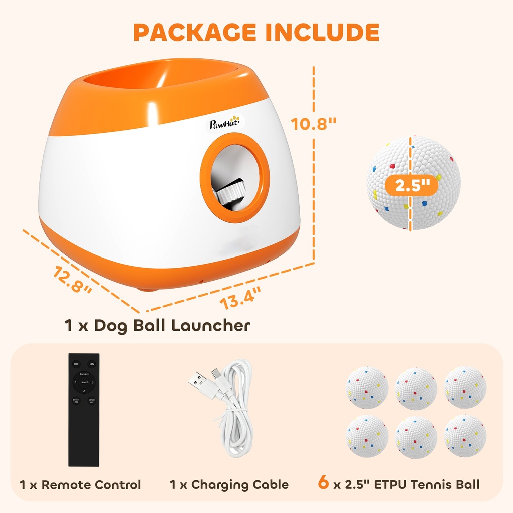 Automatic Dog Ball Launcher — 26–79 ft Range, 5200mAh Rechargeable, Remote & 6 Balls (Orange)
