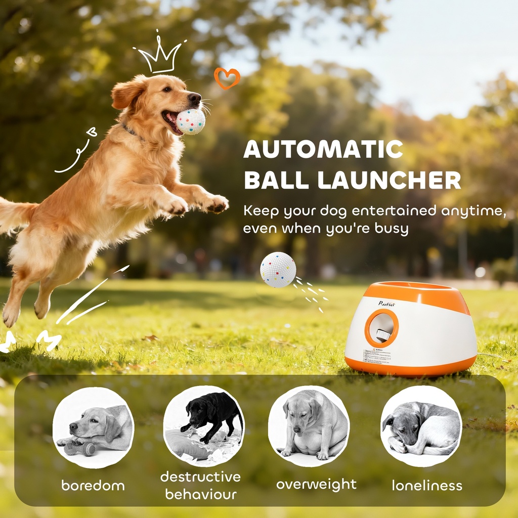 Automatic Dog Ball Launcher — 26–79 ft Range, 5200mAh Rechargeable, Remote & 6 Balls (Orange)