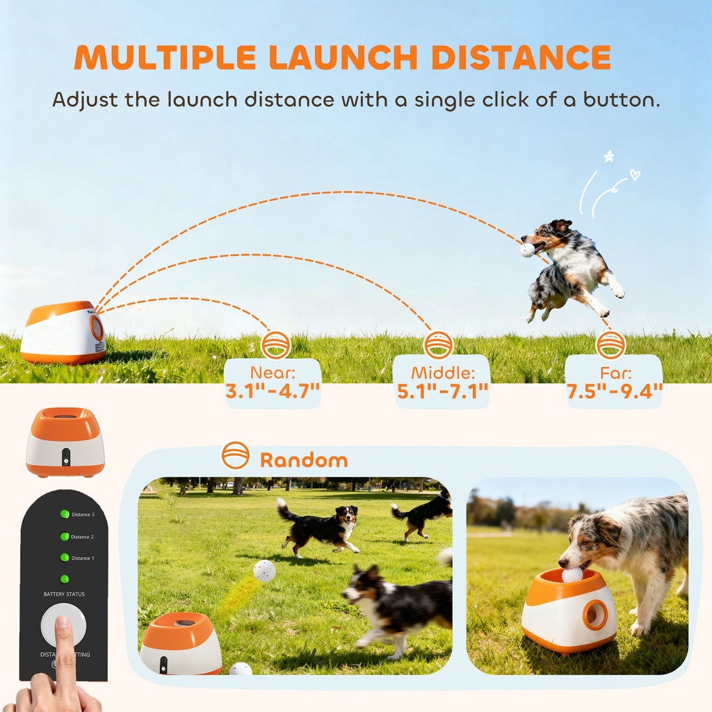 Automatic Dog Ball Launcher — 26–79 ft Range, 5200mAh Rechargeable, Remote & 6 Balls (Orange)