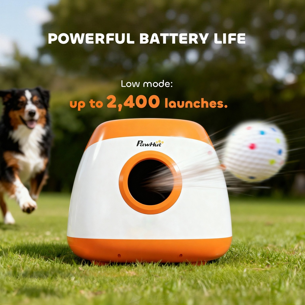 Automatic Dog Ball Launcher — 26–79 ft Range, 5200mAh Rechargeable, Remote & 6 Balls (Orange)