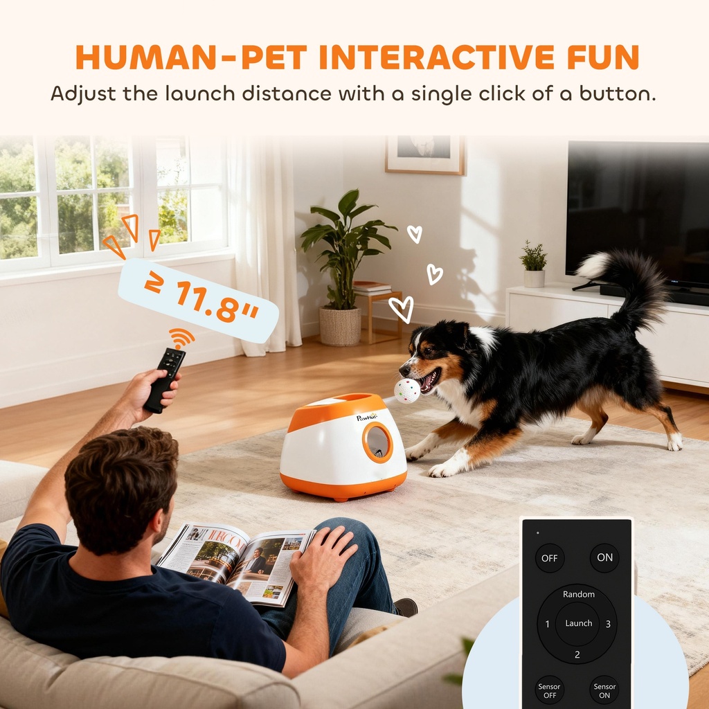 Automatic Dog Ball Launcher — 26–79 ft Range, 5200mAh Rechargeable, Remote & 6 Balls (Orange)
