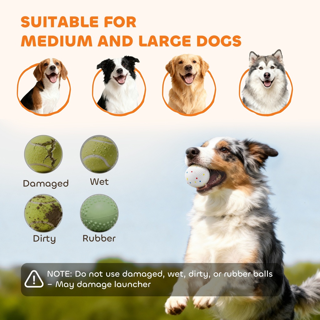 Automatic Dog Ball Launcher — 26–79 ft Range, 5200mAh Rechargeable, Remote & 6 Balls (Orange)