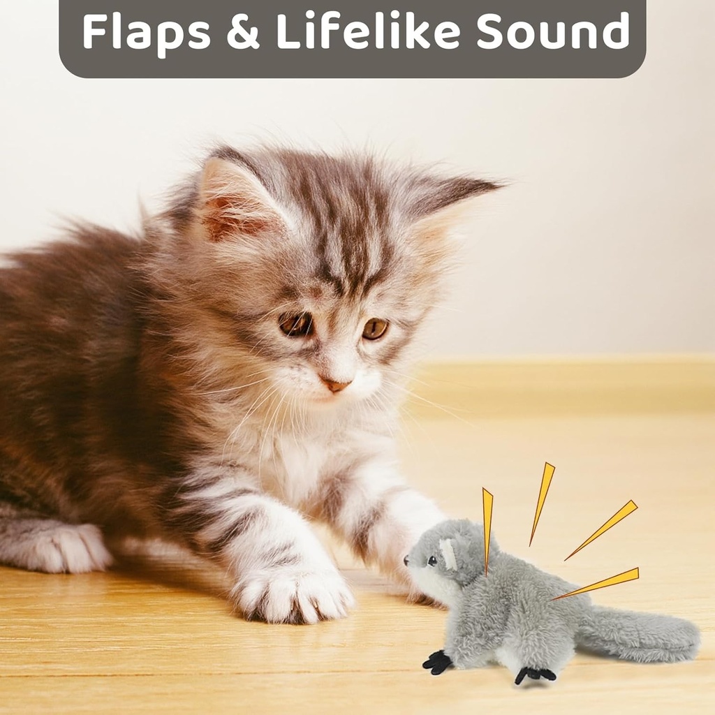 PROKEI Rechargeable Touch-Activated Flapping Squirrel Cat Toy – Plush Detachable Shell, USB Charge, Lifelike Interactive Indoor Chase Toy