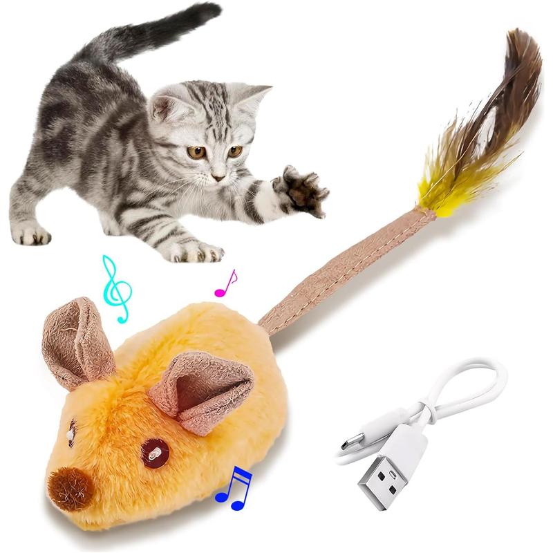 USB Rechargeable LED Moving Cat Mouse Toy with Chirping Sounds & Feather Tail — Automatic Interactive Toy for Indoor Cats