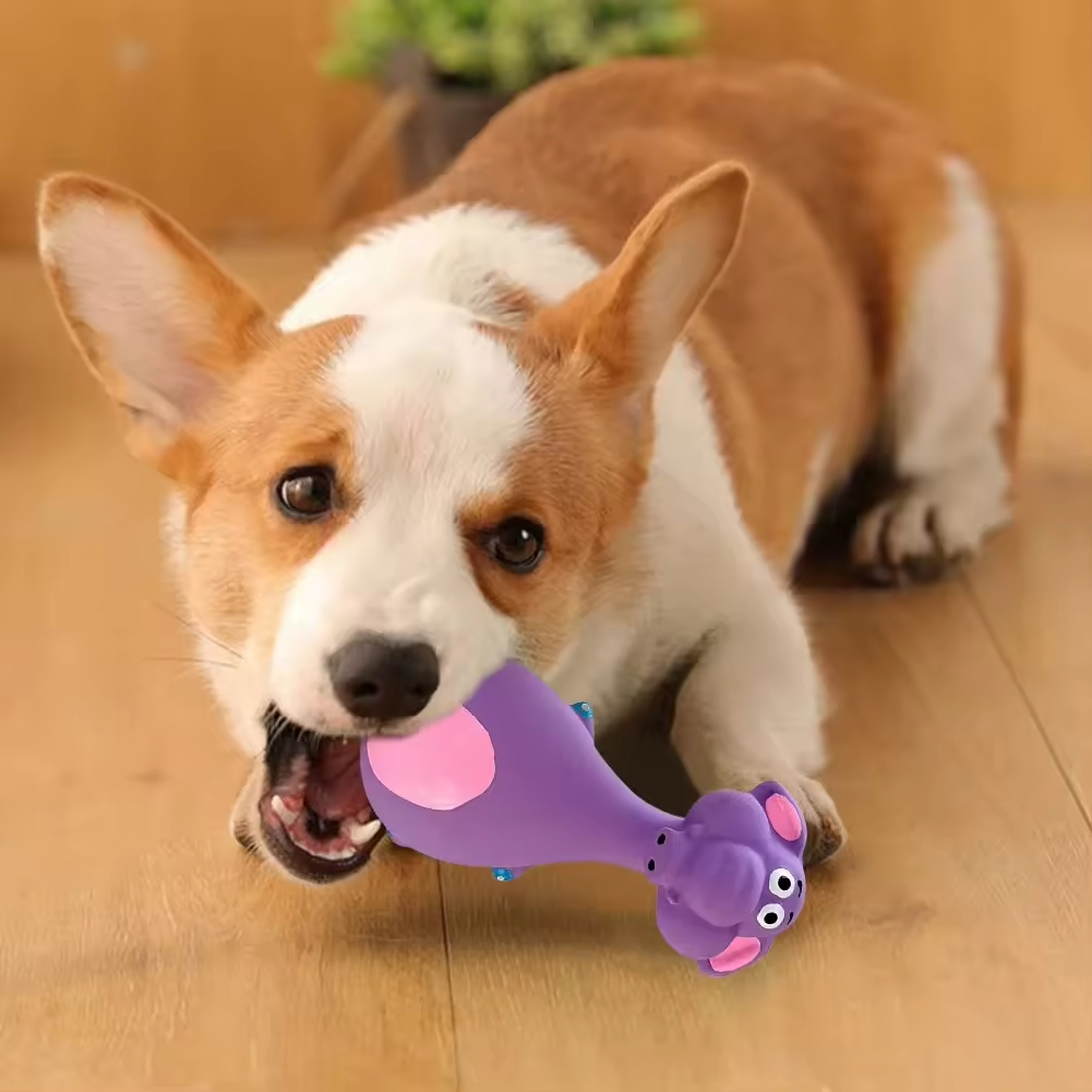 Meow Pet 4pc Latex Squeaky Animal Dog Chew Toys — 13×7×4 cm Puppy Teething Set (White/Black/Purple/Brown)