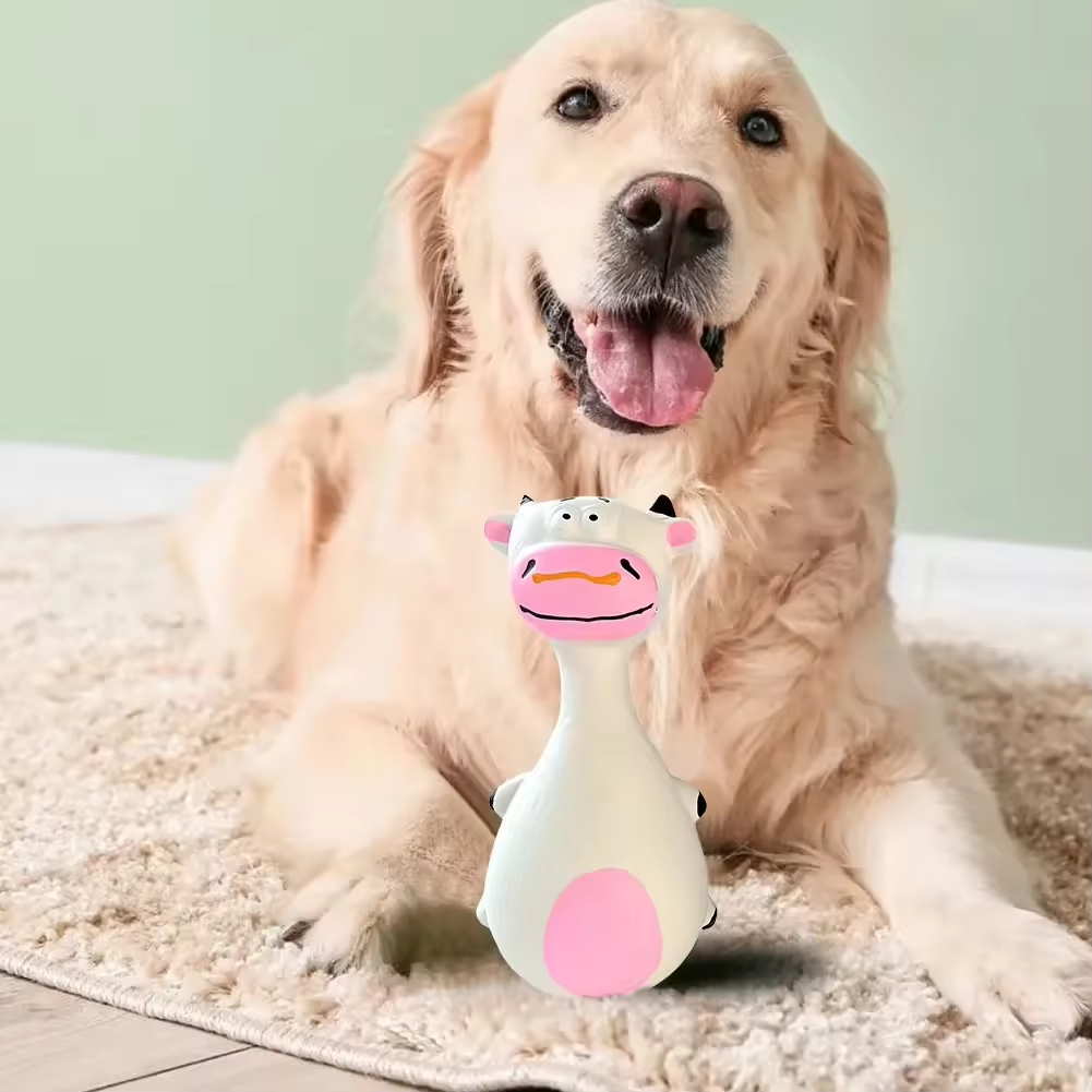 Meow Pet 4pc Latex Squeaky Animal Dog Chew Toys — 13×7×4 cm Puppy Teething Set (White/Black/Purple/Brown)