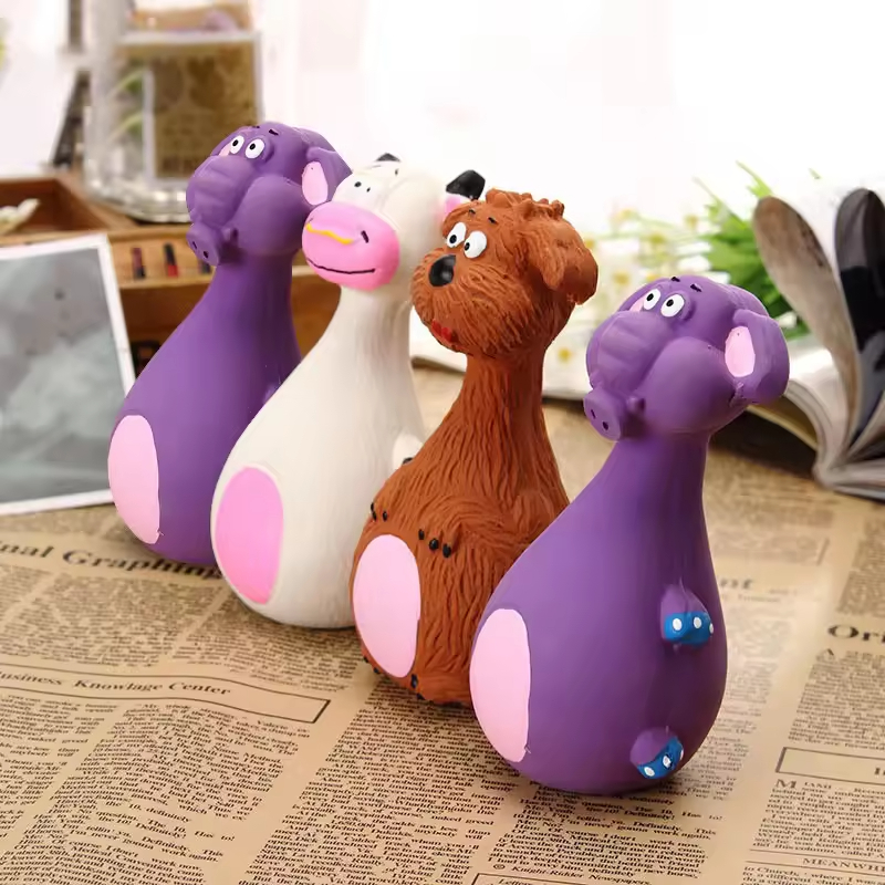 Meow Pet 4pc Latex Squeaky Animal Dog Chew Toys — 13×7×4 cm Puppy Teething Set (White/Black/Purple/Brown)