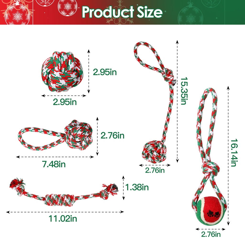 Set of 5 Christmas Rope Dog Chew Toys — Polyester/Cotton Interactive Puppy Toys for Small & Medium Dogs