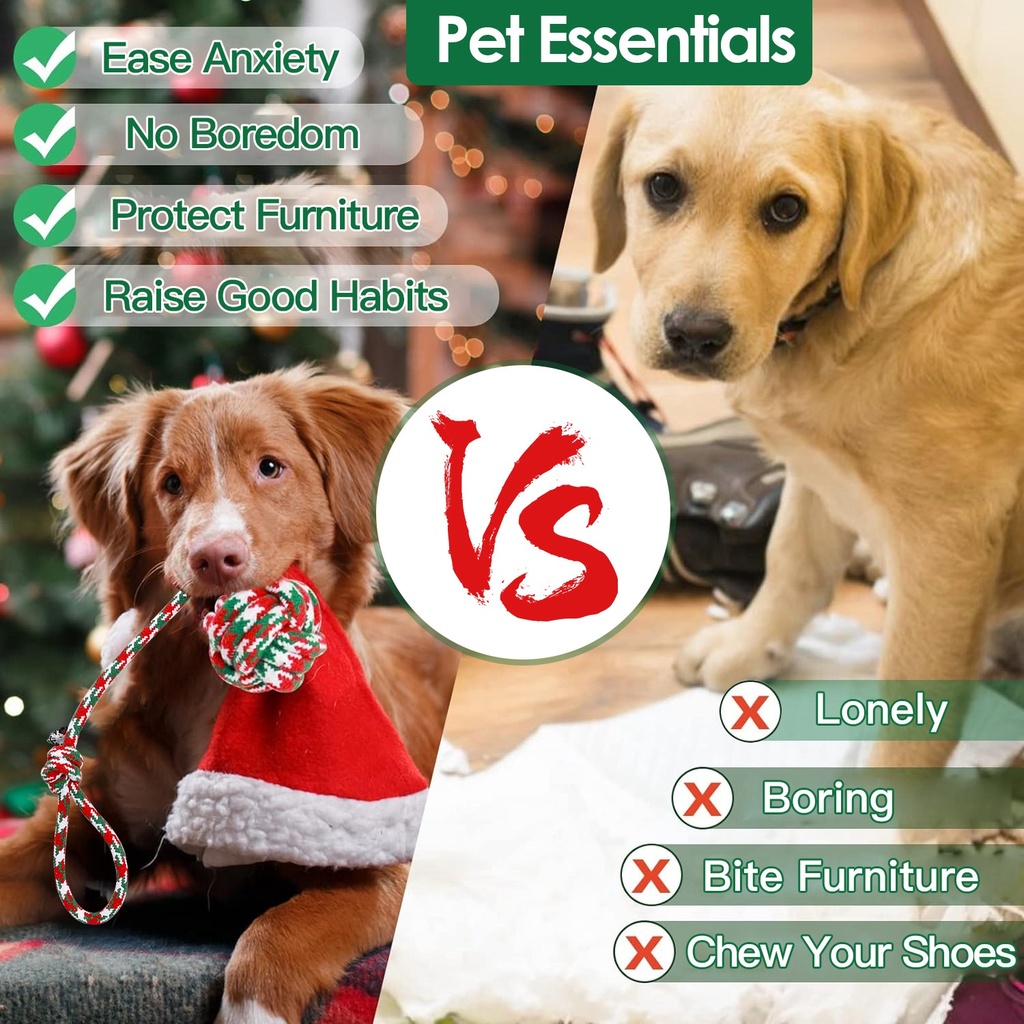 Set of 5 Christmas Rope Dog Chew Toys — Polyester/Cotton Interactive Puppy Toys for Small & Medium Dogs
