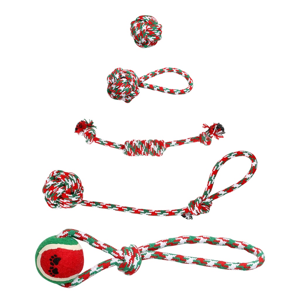 Set of 5 Christmas Rope Dog Chew Toys — Polyester/Cotton Interactive Puppy Toys for Small & Medium Dogs