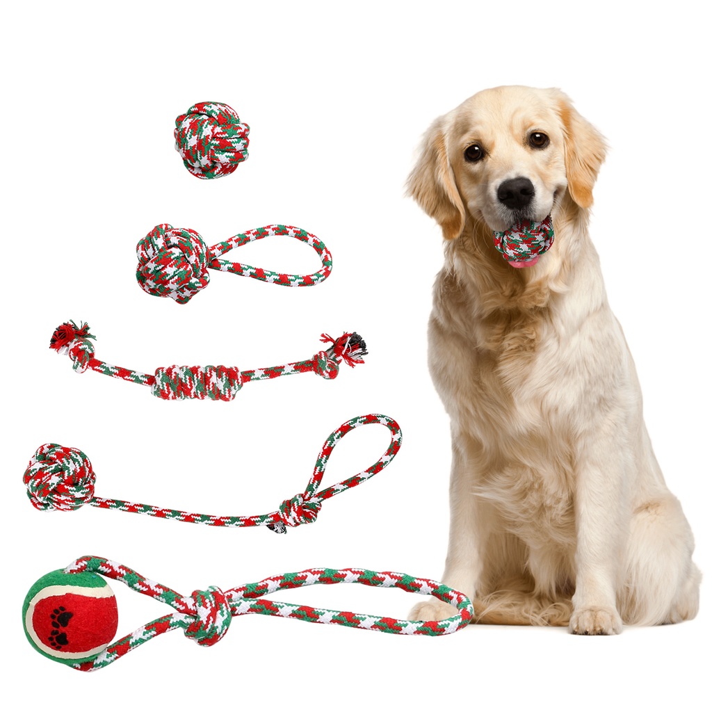Set of 5 Christmas Rope Dog Chew Toys — Polyester/Cotton Interactive Puppy Toys for Small & Medium Dogs