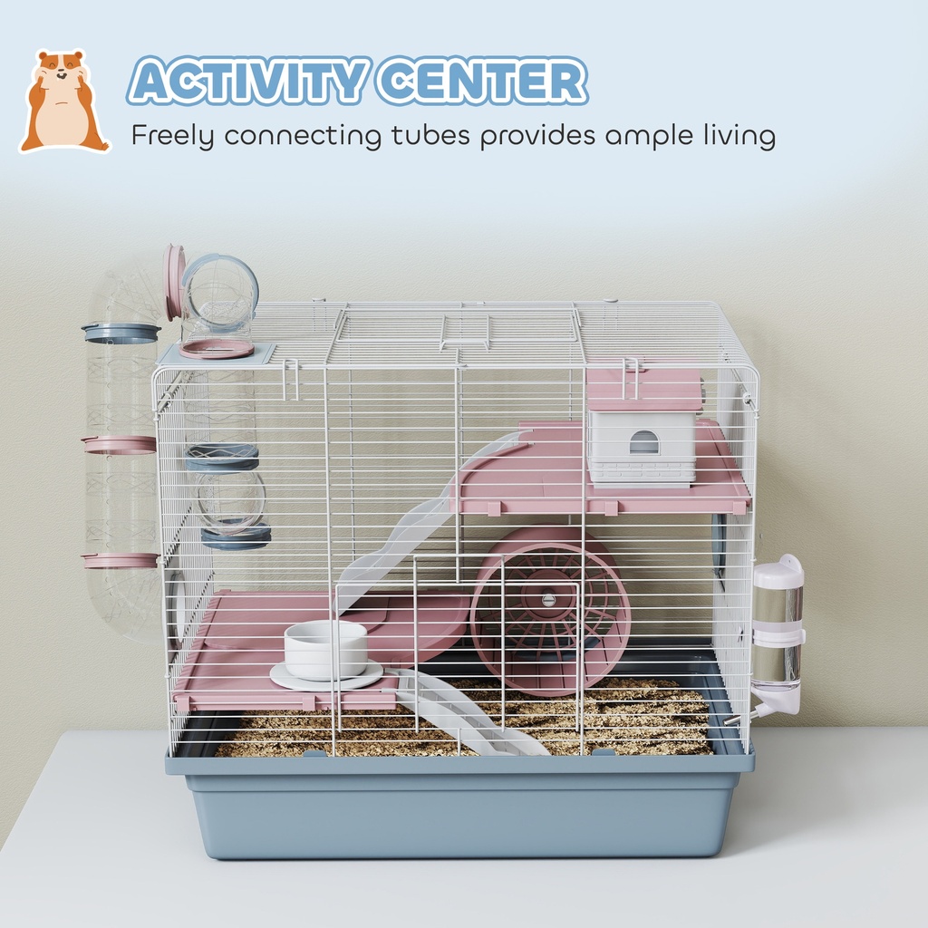 Hamster Cage, 3-Tier Small Animal Cage with Exercise Wheel, Food Bowl, Water Bottle, House, Tunnels, Ramps