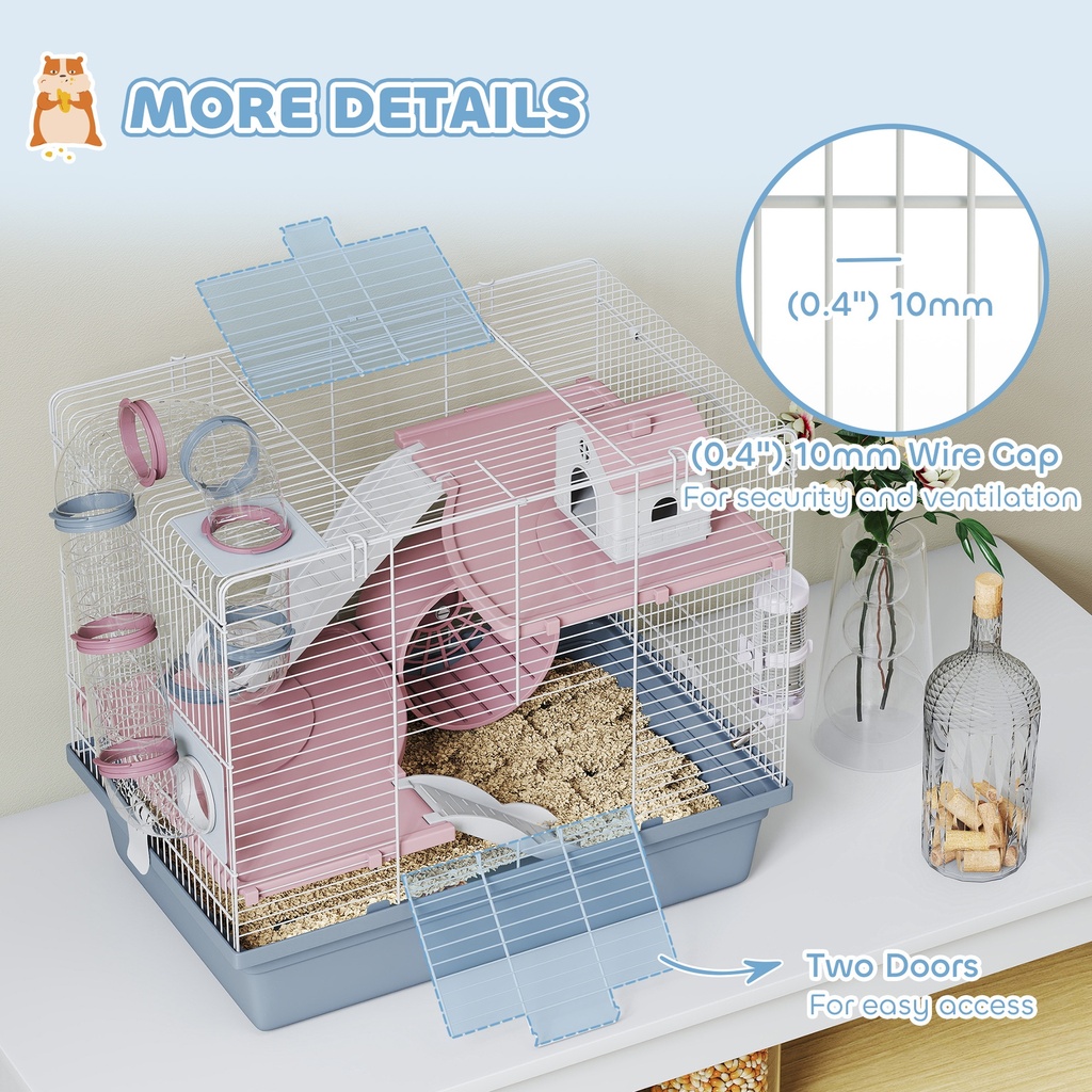Hamster Cage, 3-Tier Small Animal Cage with Exercise Wheel, Food Bowl, Water Bottle, House, Tunnels, Ramps