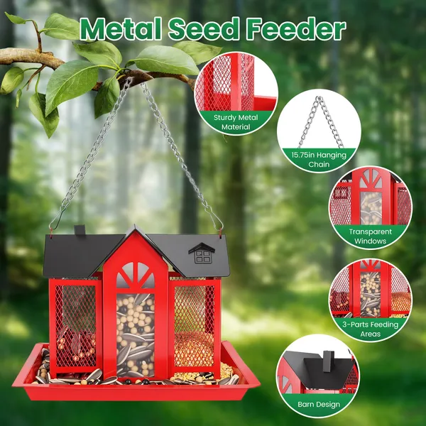 Metal Hanging Bird Feeder House Classic Barn Bird Feeder House Iron Hanging Outdoor Feeder With Visible Window And Lift Top Lid 15.75in Hanging Length Wild Birds Garden Yard Red&White