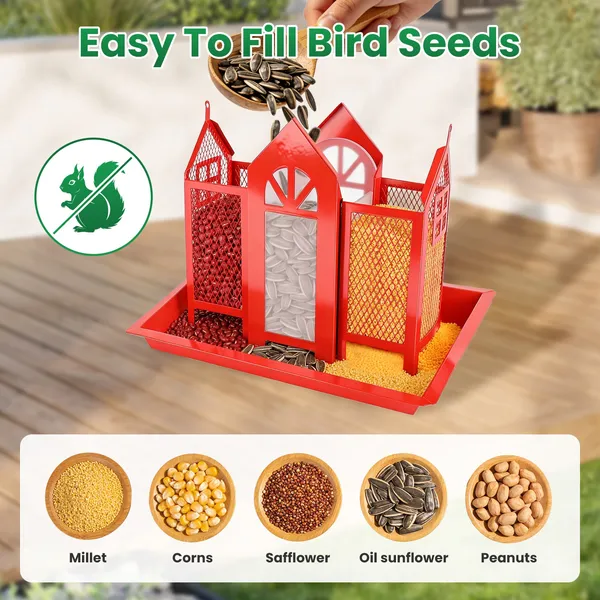 Metal Hanging Bird Feeder House Classic Barn Bird Feeder House Iron Hanging Outdoor Feeder With Visible Window And Lift Top Lid 15.75in Hanging Length Wild Birds Garden Yard Red&White