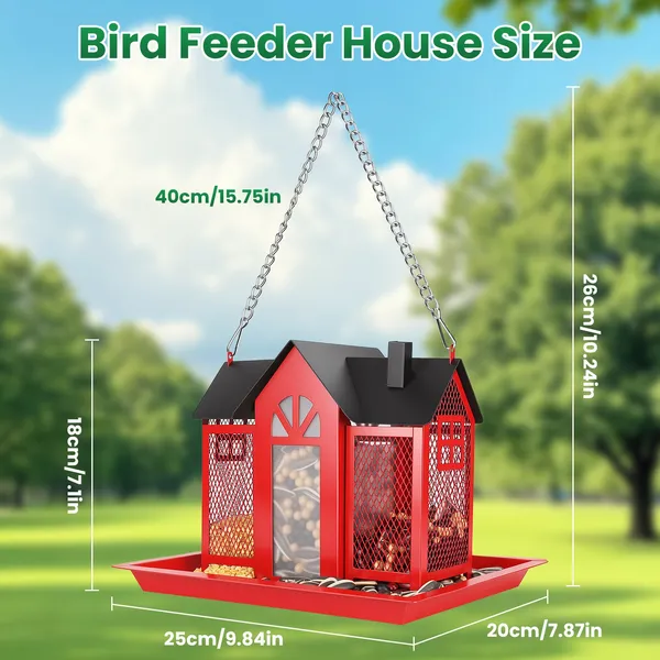 Metal Hanging Bird Feeder House Classic Barn Bird Feeder House Iron Hanging Outdoor Feeder With Visible Window And Lift Top Lid 15.75in Hanging Length Wild Birds Garden Yard Red&White