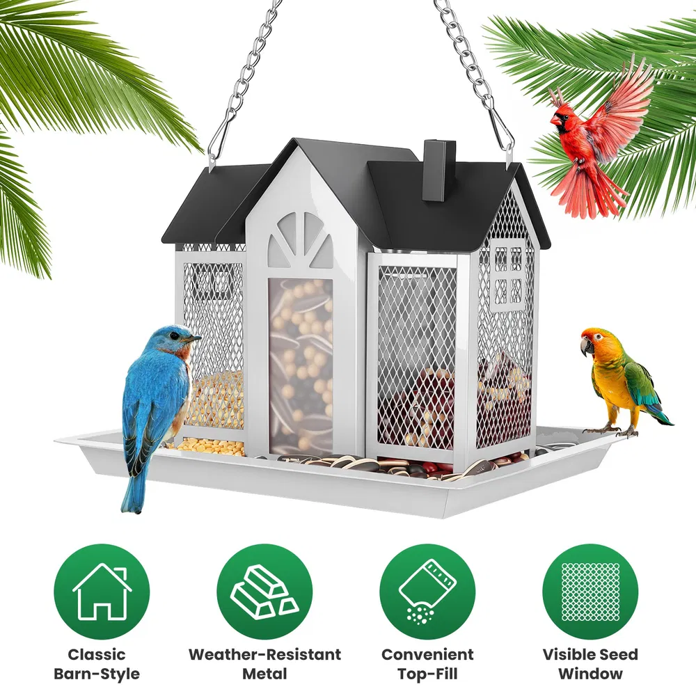 Metal Hanging Bird Feeder House Classic Barn Bird Feeder House Iron Hanging Outdoor Feeder With Visible Window And Lift Top Lid 15.75in Hanging Length Wild Birds Garden Yard Red&White