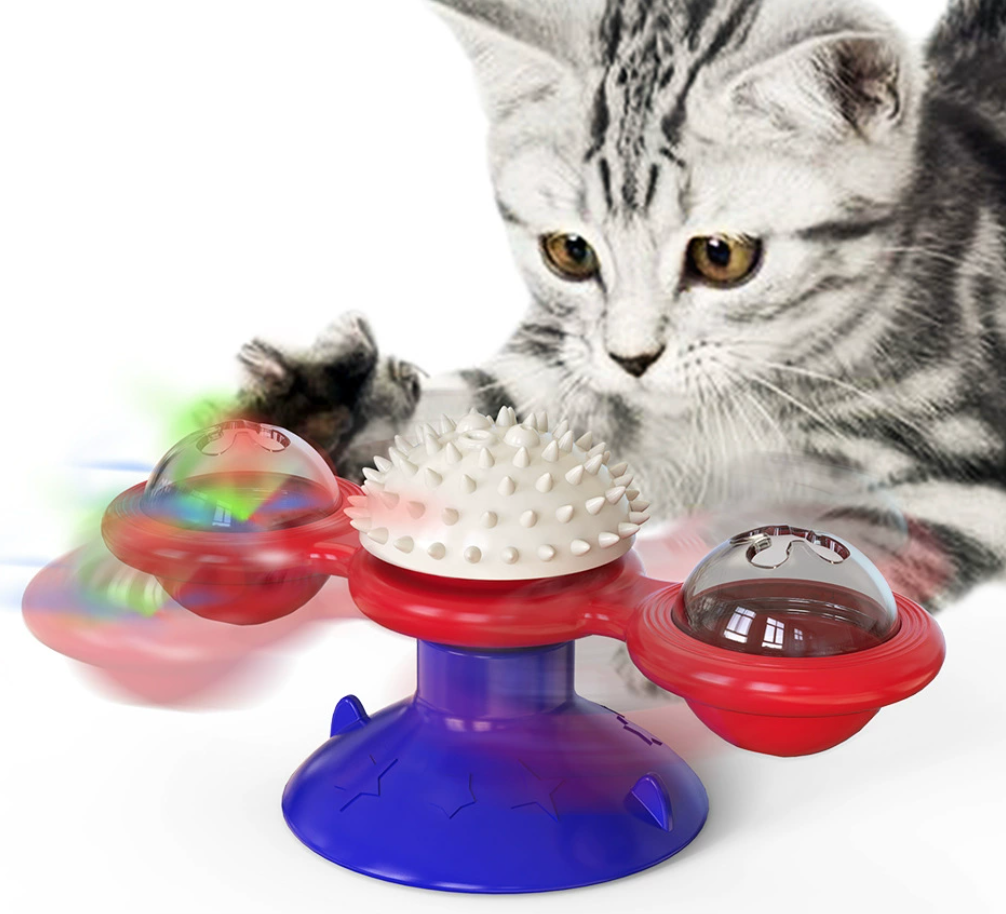 PETBOXIE - Cat Interactive Play Set, Rotating Disk, Feather Teasers, Tumbler and Windmill, Blue or Yellow