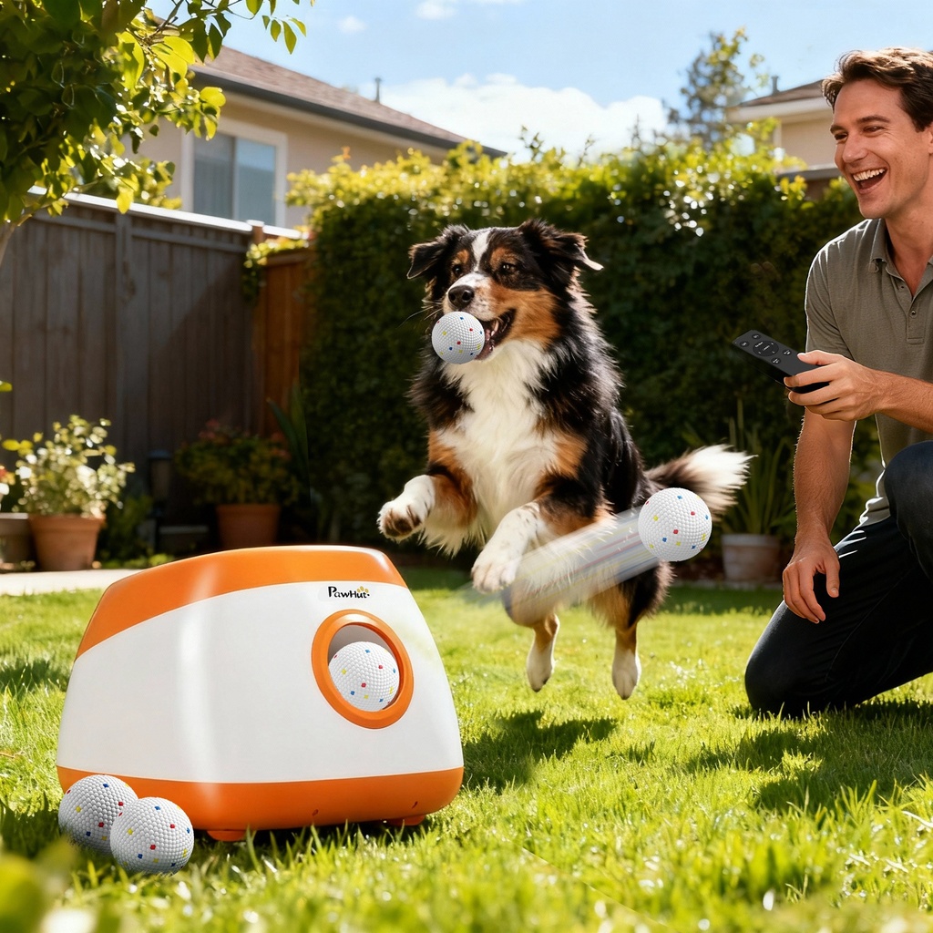 PETBOXIE - Automatic Dog Ball Launcher, 26–79 ft Range, 6 ETPU Balls, Remote Control, 5200mAh, Medium and Large Dogs