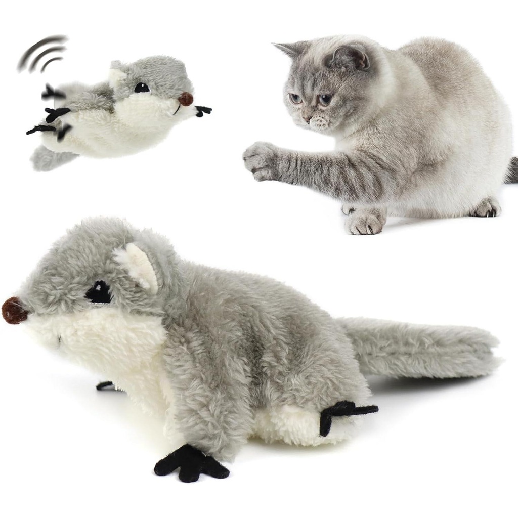 PETBOXIE - Flapping Squirrel Cat Toy Touch-Activated, Washable Plush Shell, USB Rechargeable, All Breeds