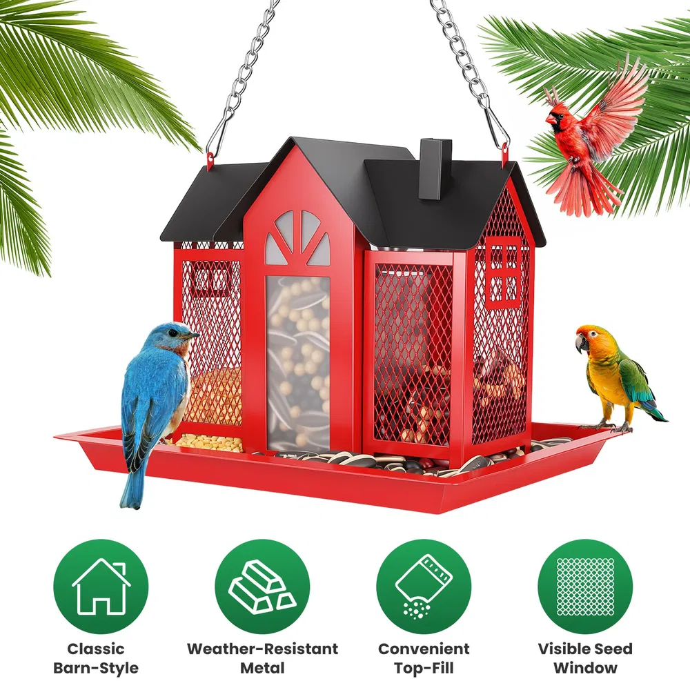 PETBOXIE - Classic Barn Hanging Bird Feeder, Iron, 2.2 lb Capacity, Lift-Top Lid & Visible Seed Window, 15.75 in Chain