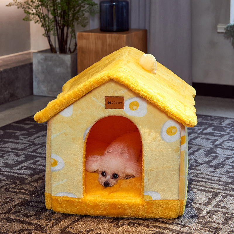 [PBX-T-004649] PETBOXIE - Foldable Dog Cave Bed Self-Warming Enclosed House, Non-Slip Base, Plush Cozy Nest for Small Dogs & Cats (Yellow omelette, Small)